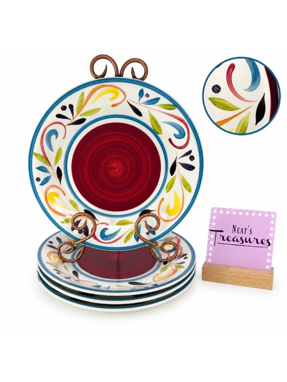 Gibson GARDINO ROSSO Scroll Leaves Dots Red Center Stoneware Dinner Plates Set 4